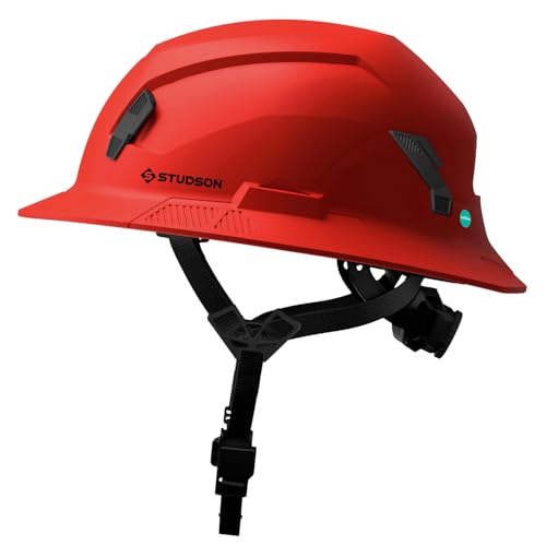 STUDSON SHK-1 Full Brim Safety Helmet: ANSI/ISEA Z89.1 Type II Compliant (R 2019) Lightweight & Breathable NFC Emergency Contact Chip One Size Class C & E Protection (Non-Vented Red)