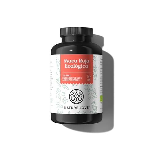 Maca Roja Ecológica NATURE LOVE® - 180 cápsulas - 3000mg por dosis diaria (12000mg de raíz de maca) - Con vitamina C natural - Certificación ecológica, alta dosificación, vegano, producido en Alemania