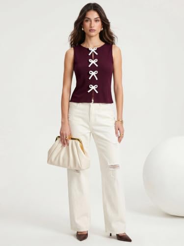 Image of Selvia Ribbed Bow Detail Sleeveless Crop Tops for Women Western