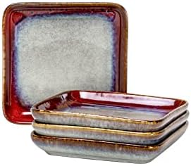 Ceramic Square Plate Sets - Dessert, Appetizer, Snack, Small Dinner Plate Scratch Resistant, Porcelain Serving Side Dish 6.3 Inch Microwave & Oven, Dishwasher Safe - Set of 4, Reactive Red
