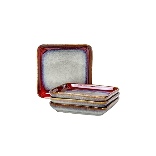 Ceramic Square Plate Sets - Dessert, Appetizer, Snack, Small Dinner Plate Scratch Resistant, Porcelain Serving Side Dish 6.3 Inch Microwave & Oven, Dishwasher Safe - Set Of 4, Reactive Red #TOP7