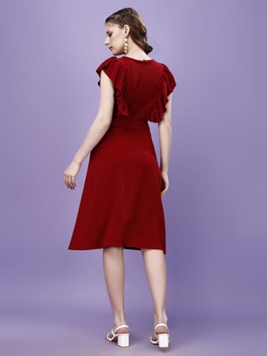 Image of Women's Striped Front Ruffle Trim Belted A-Line Midi Dress Maroon