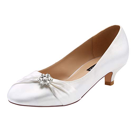 Image of ERIJUNOR Women Closed Toe Comfort Kitten Heels Rhinestones Satin Wedding Evening Dress Shoes