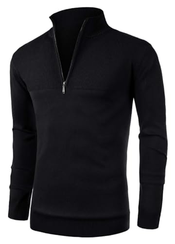 Anelune Pullover Herren Rollkragenpullover 1/4 Zip Neck Troyer Feinstrick Sweater Business Arbeitspullover Herren Schwarz M