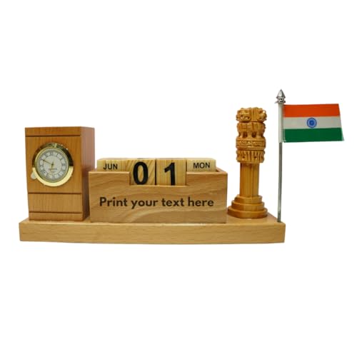 Image of CRAFT CLOSET & GIFTS Wooden Desk Organizer with Pen Stand,Mobile Holder,Flag,Ashoka Pillar,Clock,and Calendar-Stationery Personalized Office Accessory For IAS,Advocates,Office&Corporate Gifts,Brown