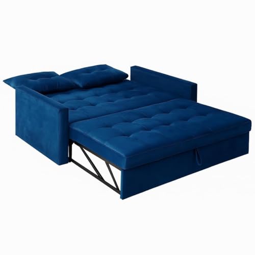 Image of FURNY Tressa 2 Seater Fabric Easy Pull-Out Sofa Cum Bed (Dark Blue) Premium Velvet Finish | Durable Comfort | Ideal for Living Room, Bedroom