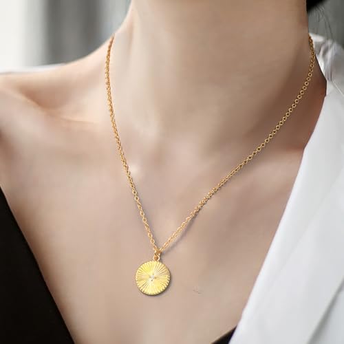 14K Gold Necklaces for Women Gold Pendant Necklace Circle Round Pendant Necklace Bold Round Disc with a Center Cubic Zirconia and Sunray Engravings Dainty Disc Necklaces for Women Trendy3
