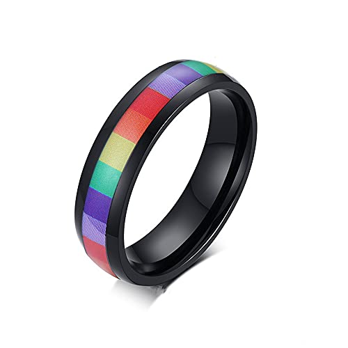 6mm Wide Square Rainbow LGBT Pride Band Rings Chuky Thick Black Enameled Stainless Steel Eternity Promise Statement Engagement Couple Rings Love is Love Finger Knuckle Rings Boyfriend Girlfriend Christmas Valentines Gifts
