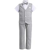 Kinder Anzug Hochzeit Jungen Festlich Einschulung Kleidung Set Gentleman Smoking Weste Sakkos + Hemd + Hose + Fliege 4tlg Outfit Anzüge Geburtstagsparty Taufkleidung Grau Kurzarm 7-8 Jahre