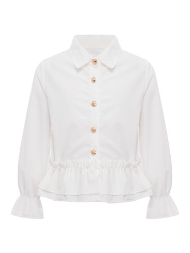 Aislor Kids Girls Turn Down Collar Long Sleeve Ruffle Hem Button Down Dress Shirts School Uniform Blouse Tops 5-14 Y3