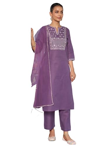 Sanisa Women's Cotton Blend Embroidery Straight Kurta With Pant And Dupatta (146Kbd1582N-S_Dark Lavender3)