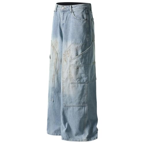 Men's High Street Vintage Baggy Jeans, Side Pocket Design, Loose Fit, Wide Leg Denim Pants3