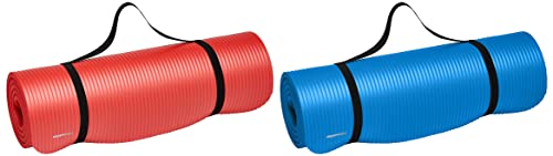 Image of amazon basics foam 13Mm Extra Thick Yoga And Exercise Mat With Carrying Strap, Red & 13Mm Extra Thick Yoga And Exercise Mat With Carrying Strap, Blue Combo
