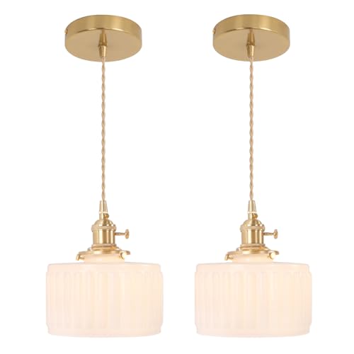 Image of Shenmoyl Pendant Light 2 Pack with White Striped Glass Lmapshade, Brass Vintage Pendant Light Adjustable Hanging Light for Kitchen Island Dining Room Hallway