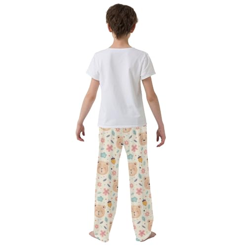ALAZA Cute Bear with Pink Flower Pajamas Bottoms with Pockets Comfy Pjs Sleepwear Elastic Waistband Pajamas Pants Lounge Pants for 6-14 Years3