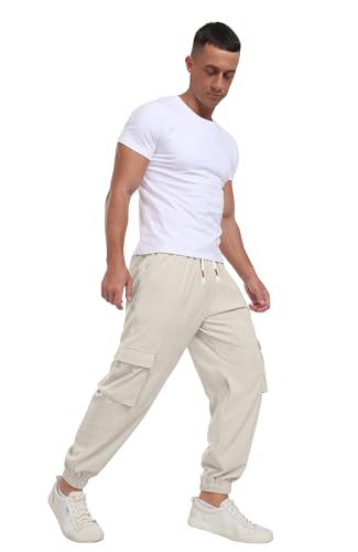 Askdeer Mens Corduroy Joggers Pants Casual Cargo Pants Drawstring Elastic Waist Baggy Tapered Sweatpants with 5 Pockets Beige4