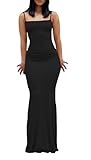 GUPENG Women Sexy Bodycon Cami Long Dress Lady Classic Sleeveless Spaghetti Skims Dupes Dress Strap Lowcut Sling Dresses (Color : Nero, Size : XS)