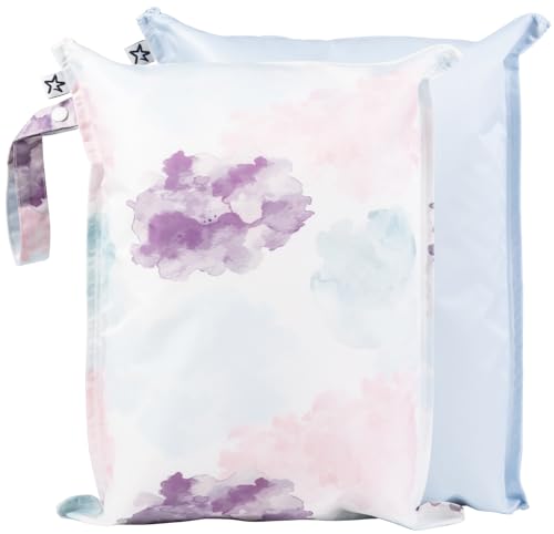 Image of Tiny Twinkle Mess-proof Wet Bags 2 Pack Waterproof and Washable Bag for Travel storage, Stroller, Daycare, Baby Diapers, Yoga, Beach, Pool, Wet Toddler Swimsuits (Cotton Candy)