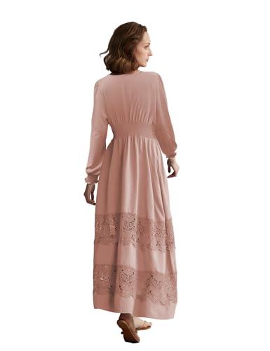 Image of Olaesa Long Sleeve Boho Maxi Dress for Women Lace Wedding Guest Dress | Spring Fall Bohemian Dress, Long Flowy Family Photo Dress with Pockets, V Neck Long Western Vacation Outfits