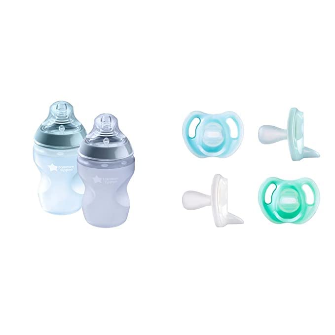 Image of Bundle of Tommee Tippee Closer to Nature Soft Feel Silicone Baby Bottle, Slow Flow Breast-Like Nipple, Anti Colic, (9oz, 2 Count, Blue) + Ultra-Light Silicone Pacifier, BPA-Free Binkies, 0-6m, 4 Count