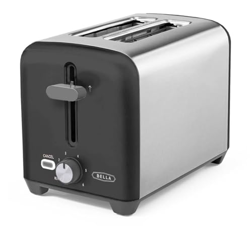 bella 2 Slice Toaster, Quick & Even Results Every Time, Wide Slots Fit Any Size Bread Like Bagels or Texas Toast, Drop-Down Crumb Tray for Easy Clean Up, Stainless Steel and Black