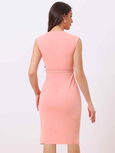 Image of Allegra K Business Dress for Women's Pencil Sheath Work Dress | V Neck Knee-Length Sleeveless Dress With Belted