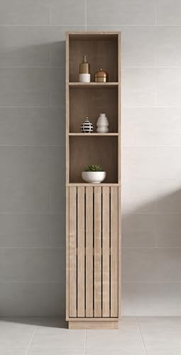 Image of Furnihaus Gaia Tallboy Cabinet, Modern Minimalist, Natural Oak Effect, 100% Manufactured Wood, 170cm Height, 32cm Width, 29.5cm Depth, 3 Shelves with Cupboard