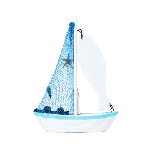 Image of Wooden Decorative Sailboat Nautical Model Showpiece - 15x4x22 cm | Miniature Sailing Boat Showpiece for Home Decor, Living Room, Office & Table Desk Decoration | Light Blue Border-Big Fish