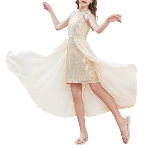 GRACE KARIN Girls Elegant A-Linien Prinzessinenkleid Glitzer Blumenmädchenkleid mit Chiffon Fshion Party Club Neckholder Kleid Gold 8-10 Jahre