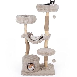 COSTWAY Kratzbaum Holz, 147 cm hoch, Katzenbaum mit Katzenhöhle, Beige