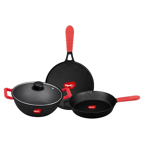 Image of Pigeon Imperi Cast Iron Cookware 4 Pcs Set Tawa 25cm,Fry Pan 22cm,Kadai 24cm,Free Glass Lid & Silicone Grips,Pre-Seasoned Nonstick,Strong & Durable,Gas & Induction,Cooking Combo Pots & Pans,Black