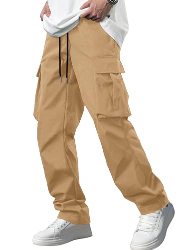 Lista de Pantalones Economicos para Caballero del mes. 48 Comdecevis - Pantalones deportivos casuales tipo cargo para hombre, para entrenamiento, elásticos, con cordón, con múltiples bolsillos, Caqui, Large