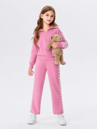 Image of Haloumoning Girls Sweatsuit 2 Piece Zip Long Sleeve Sweat Outfits | Half Zip,Waist drawstring,girls tracksuit