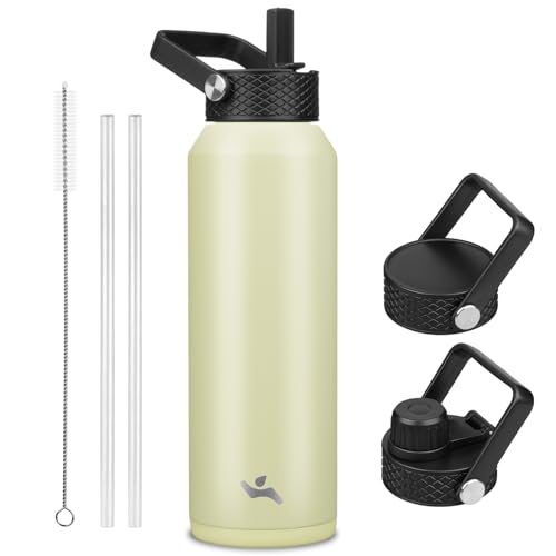 Image of Konokyo 40oz Insulated Stainless Steel Water Bottle with 3 Lids, Leakproof BPA-Free Bottle with Straw Lid, Sip Lid and Flex Cap for Gym, Travel, School, Office, Macaron Green