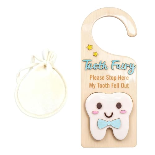 pozuauoa Tooth Fairy Kit Tooth Fairy Bag with Wooden Hanging Plaque Door Hanger and Pouch Gifts & Keepsakes Set for Boys Girls Teeth Keepsake Container Celebration Baby Boy Gift Bag