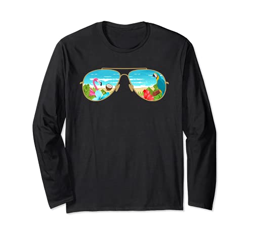 Summer Vacation Sunglasses flamingo praia azul oceano trees manga comprida, Preto, S