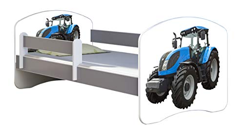 ACMA Kinderbett Jugendbett mit Einer Schublade und Matratze Grau mit Rausfallschutz Lattenrost II (42 Traktor, 140x70)