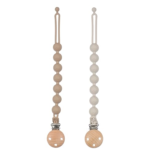 Image of Dirbabi Silicone Pacifier Clips for Baby, 2-in-1 One Piece Design Pacifier Holder & Teething Ring Toy, BPA Free, 2 Pack (Sand+Light Grey)