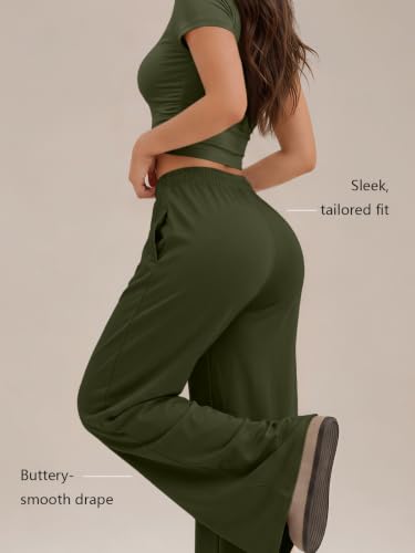 Image of Trendy Queen Women's 2 Piece Matching Summer Lounge Set with Pockets | Vacation Airport Travel Outfits, Workout Gym Clothing Comfy Athleisure Clothes, Side-ruched Top, Drawstring Wide Leg Pants