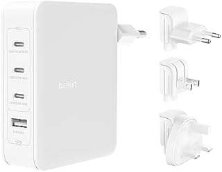 4-portowa ładowarka sieciowa GaN Belkin 140 W, ładowarka podróżna z szybkim ładowaniem USB-C Power Delivery i portem USB-A do iPhone'a, Samsunga Galaxy, Google Pixel, iPada, MacBooka, laptopa, tabletu
