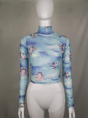 Women Mesh Long Sleeve Sheer Top See Through Shirt Blouse Angel Print Mock Neck Crop Top Sexy Club Spring Summer (Blue,L,Large) #TOP3