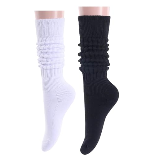 Zmart Slouch Socks - Women's Scrunch Socks in 80s White & Black, Thick Socks for Girls