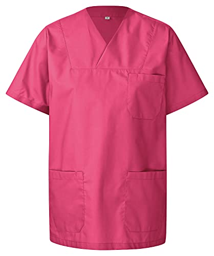 Casaca unisex de manga corta, 50% algodón y 50% poliéster, 1 bolsillo en el pecho y 2 bolsillos laterales, lavable a 90 grados, higiénico, autoclave, adecuada para ropa industrial., fucsia, XXXXXL