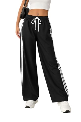 Image of SAKHWALA Women Track Pant | Women's Wide Leg Track Pants High Waist Drawstring Sweatpants with Side Stripes, Casual Loose Fit Lounge Joggers, Dark Grey