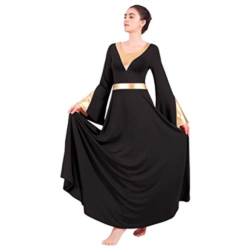 image for OwlFay Women Metallic Color Block Liturgical Praise Dance Dress Bell L