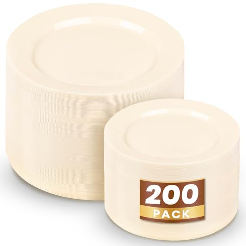 Image of WDF 200PCS Ivory Plastic Plates - Elegant Ivory Disposable Plates for Party- Include 100 Dinner Plate 10inch and 100 Plastic Dessert Plate 7inch Perfect for Party /Baby Shower /Wedding /Birthday