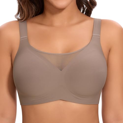 DOCUMO Seamless Bras for Women Wireless T Shirt Bra Full Coverage No Underwire V Neck Lace Lift Comfort Bralette(Grey,3X-Large)