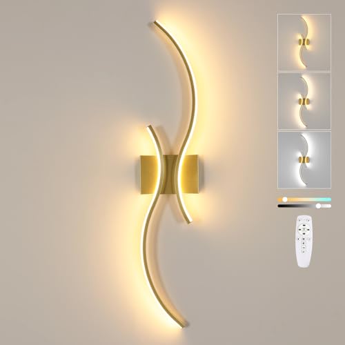 Goeco Applique Murale Dimmable Moderne, 32W 3600LM Or Lignes Lampe Murale avec Télécommande, 3000-6500K Luminaire Mural Intérieure en Aluminium pour Chambre...