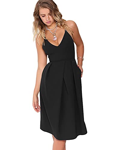 Women's Deep V Neck Adjustable Spaghetti Straps Summer Dress Sleeveless Sexy Backless Party Dresses with Pockets