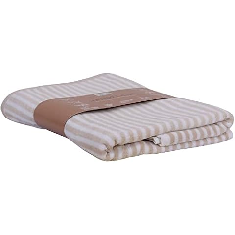 OMHU Bath Towel 70 x 140 cm 100% Organic Cotton (Sand/White Striped) Quality = Weight 550 g/m2 Suitable as a hand towel, bath towel, sauna towel and beach towel, developed in Denmark Cover